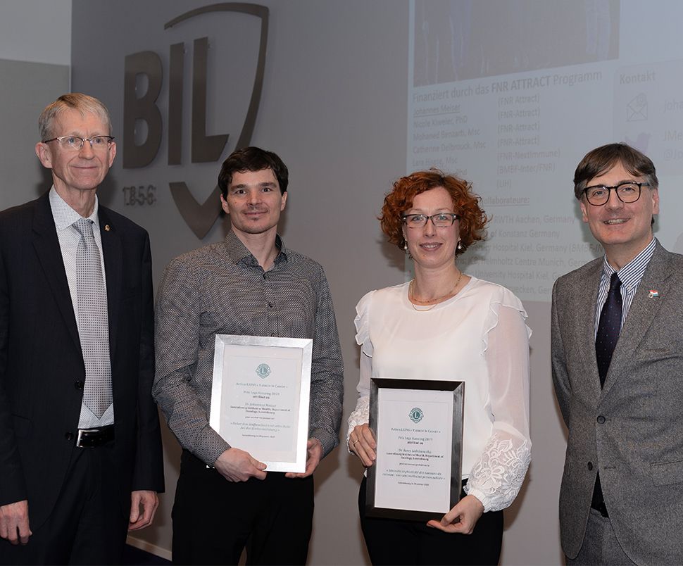 Luxembourg Institute of Health (LIH) researchers Dr Anna Golebiewska, and FNR ATTRACT Fellow Dr Johannes Meiser have been awarded the Legs Kanning Prize for their work on cancer research in Luxembourg, presented by the association Action Lions Vaincre le Cancer. 