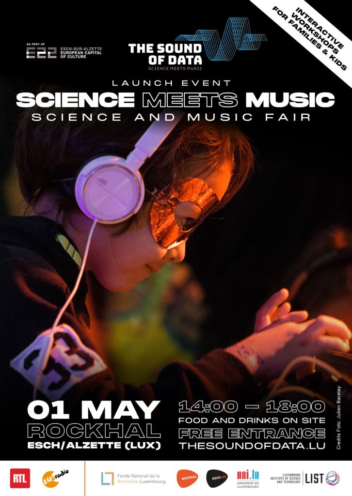 Join us on Sunday 1 May 2022 from 14h00-19h30 at Rockhal for the “Science meets Music” event. This is the official launch event of the Esch2022 project “The Sound of Data – science meets music”, which is a collaboration between Luxembourg National Research Fund (FNR), Centre de Musiques Amplifiées Rockhal, University of Luxembourg and Luxembourg Institute of Science and Technology (LIST). The project aims to create bridges between the worlds of science, technology, music and art.
